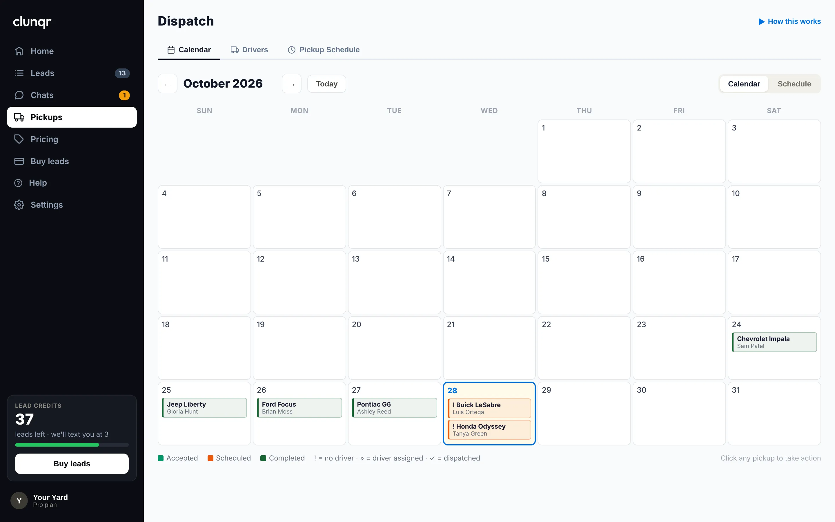The pickup calendar with this week's pickups.