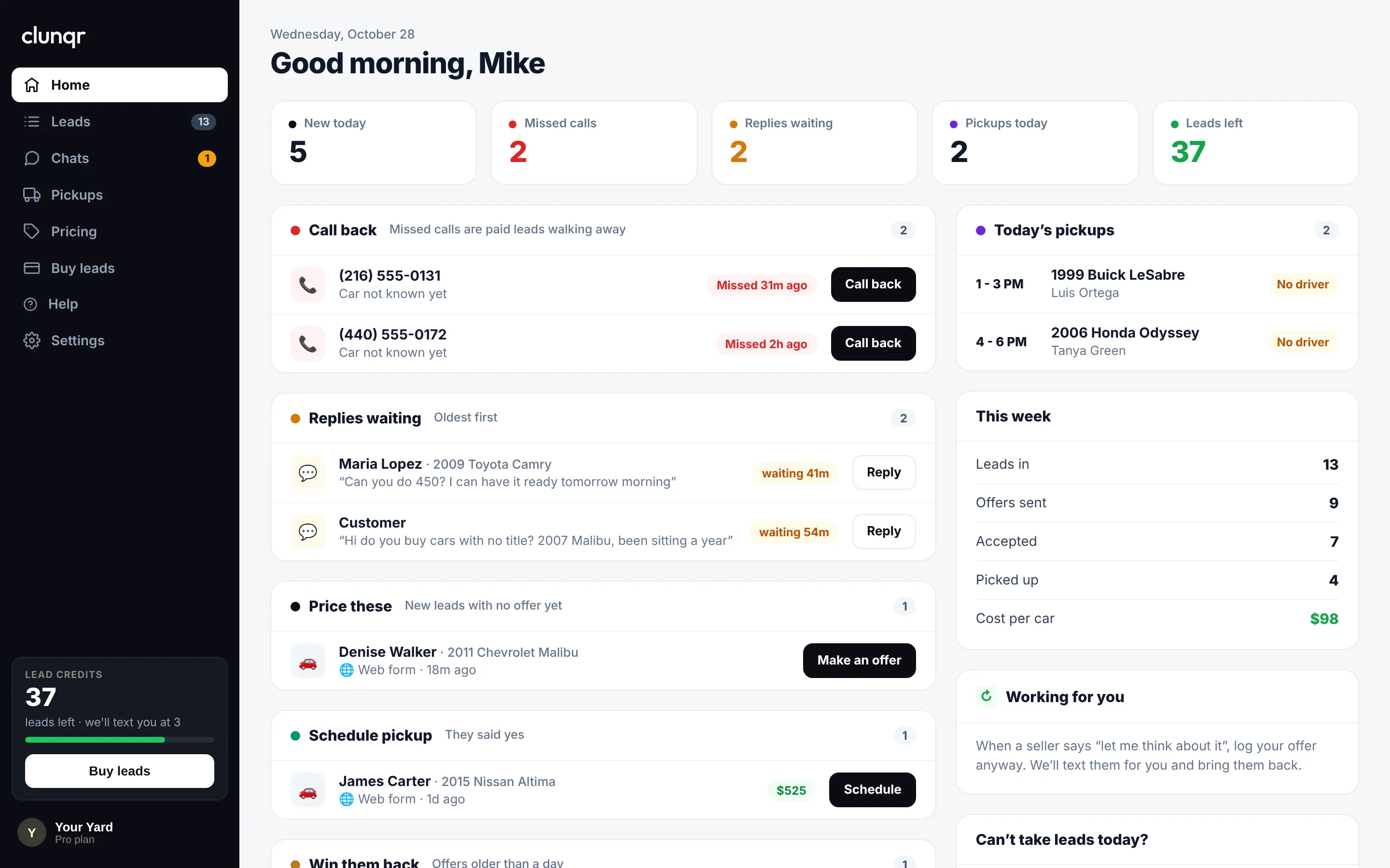 The Home screen: new today, missed calls, replies waiting, pickups today and the balance, then Call back, Replies waiting, Price these and Today's pickups.