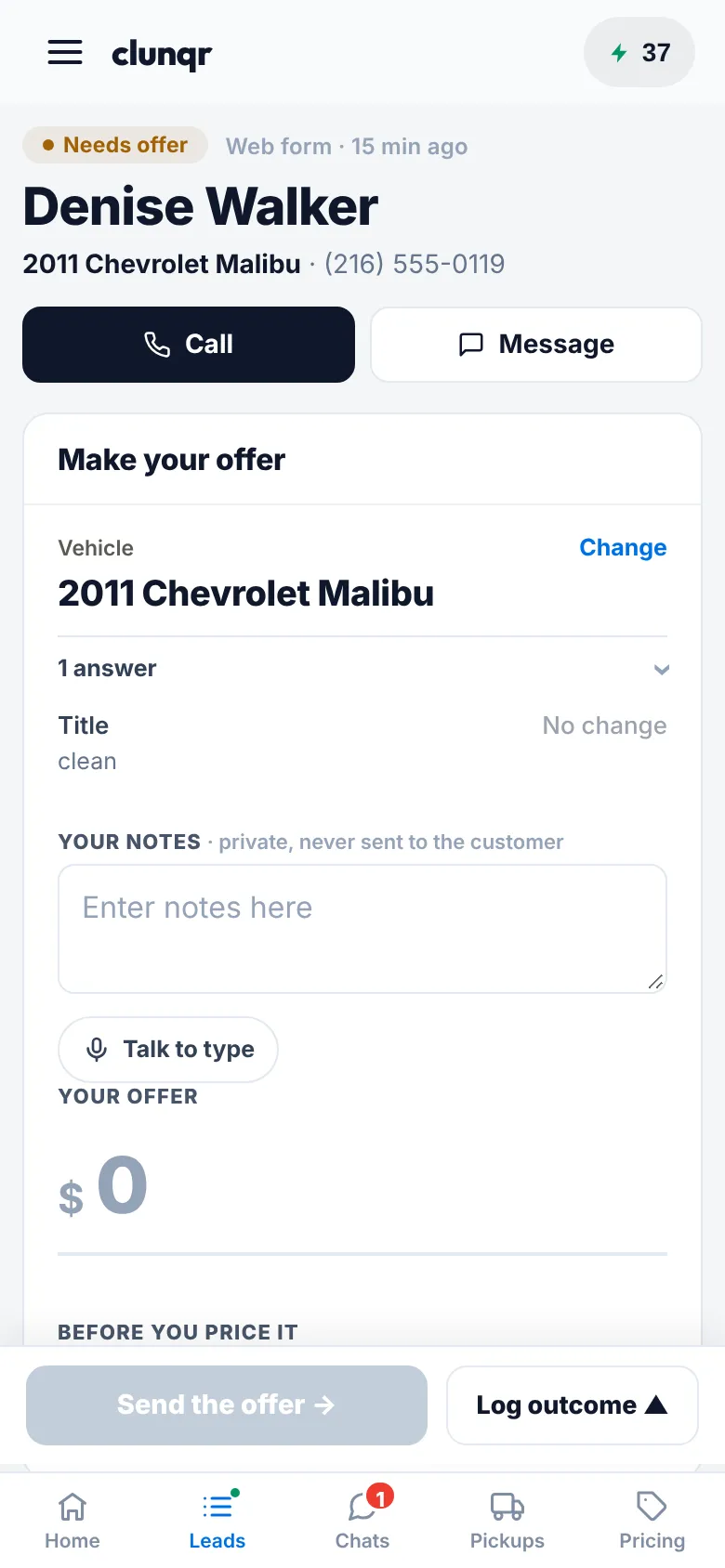 A new quote form lead in the app, with the car and a box for your offer.