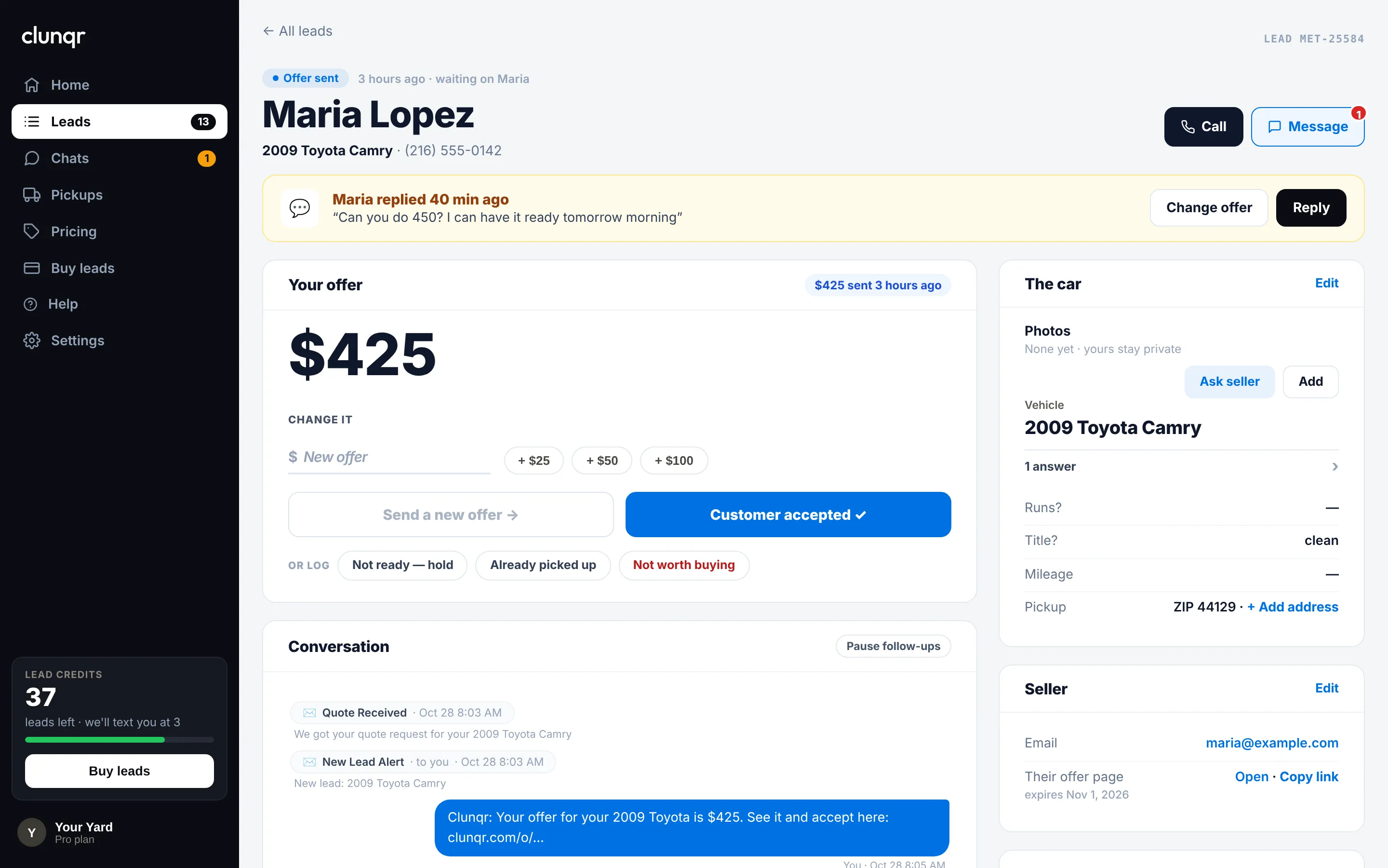 The lead page for Maria Lopez with her reply, the $425 offer and the conversation.
