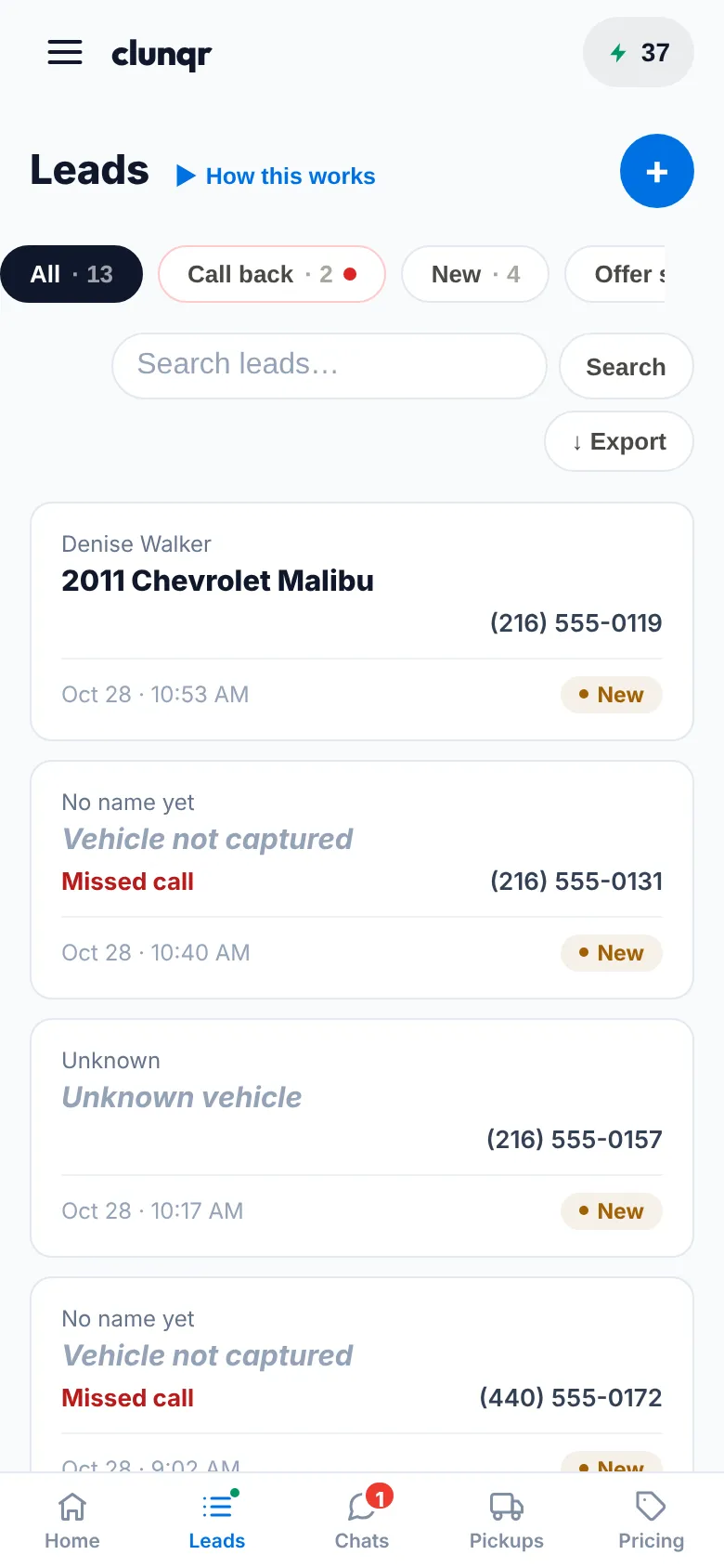 The leads list on a phone.