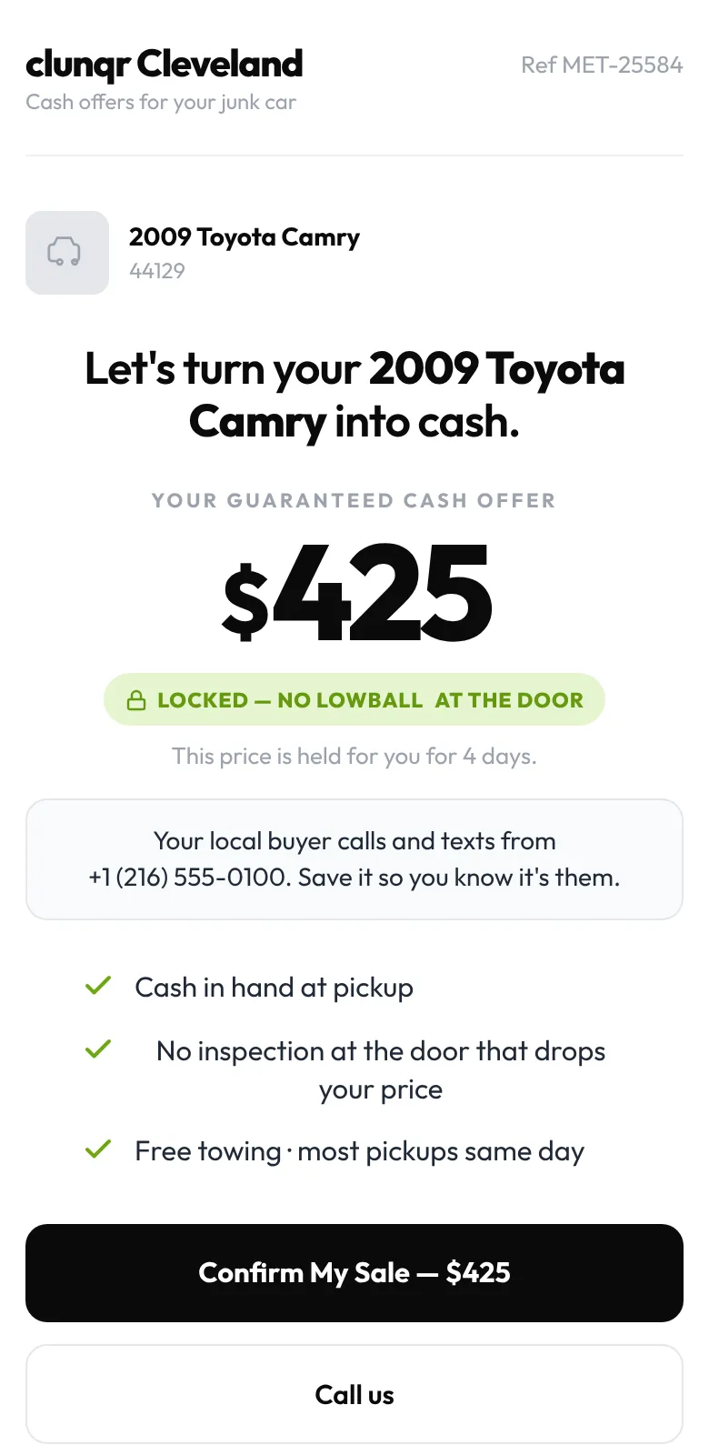 The seller's offer page with a $425 offer and a Confirm My Sale button.